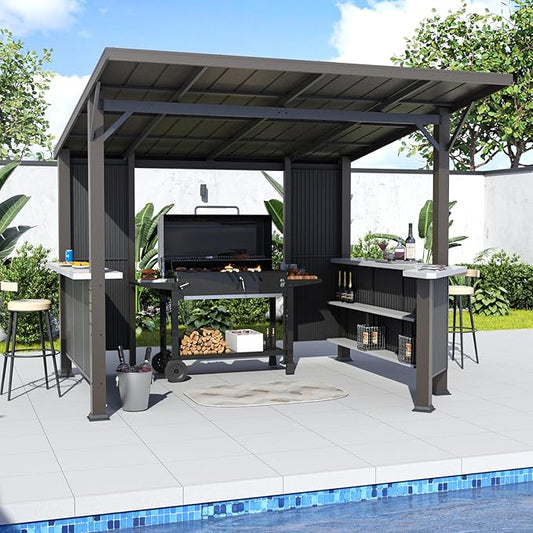 ALAULM 10'x 10' Hardtop Grill Gazebo, Outdoor BBQ Gazebo with Storage Shelves and Expansion Platform, Permanent Galvanized Steel Lean to Canopy with Grey-Black Metal Privacy Screen for Patio
