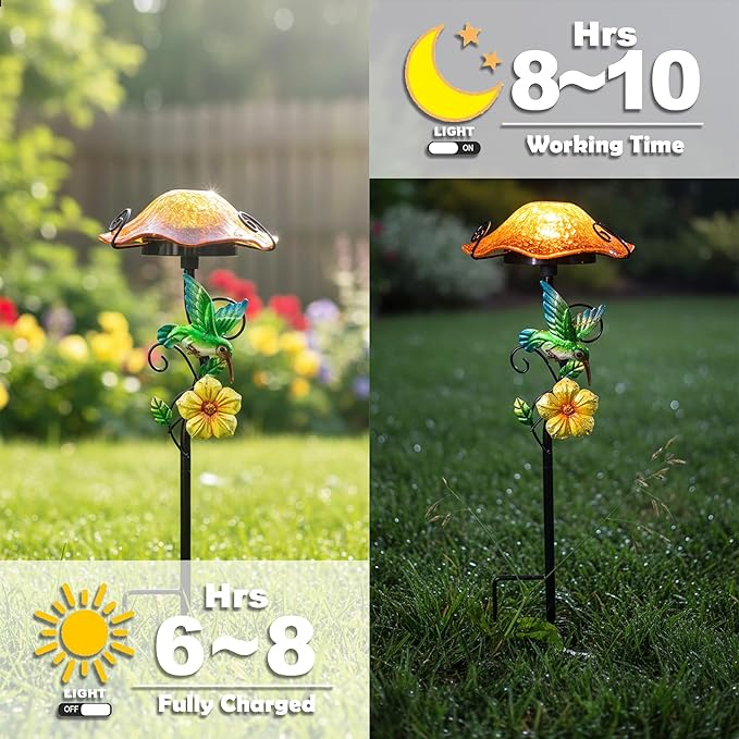 Solar Outdoor Lights Decorative Solar Glass Mushroom Lights Waterproof LED Yellow Garden Stake Light for Walkway Pathway Lawn Patio Yard Decorations.