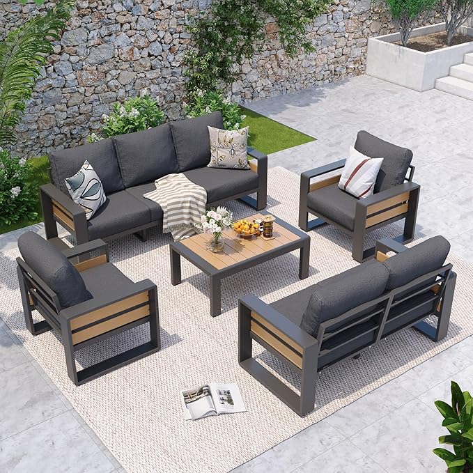 Aoxun Aluminum Patio Furniture Set, 7 Seats Luxury Metal Patio Furniture with Coffee Table, Thick Cushions and Waterproof Cover, Modern Outside Sectional Set for Backyard/Garden/Poolside, Dark Grey