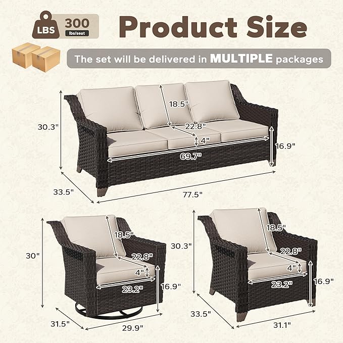 5 Pieces Patio Conversation Furniture Set - 1 Sofa, 2 Armchairs, 2 Swivel Chairs, Outdoor Wicker Furniture with Removable Cushions for Porch, Balcony, Sunroom (Beige)
