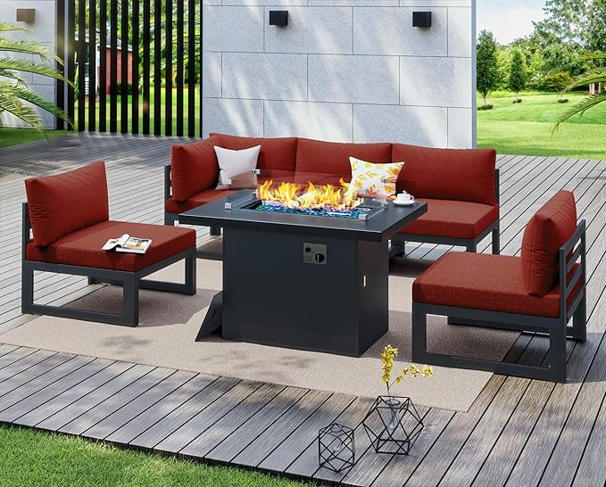 NICESOUL 6 Piece Modern Luxury Oversized Aluminum Outdoor Patio Furniture Set with Fire Pit Table, 29" Deep Wide Conversation Seating with Firepit, 500 lbs Heavy Duty L-Shaped Sectional Couch, Wine