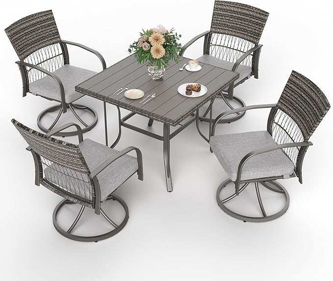 Pamapic 5-Piece Outdoor Dining Set, Rattan Outdoor Patio Set with Swivel Chairs, Removable Cushions & Iron Table, Patio Furniture for Deck, Backyard, Garden, Grey