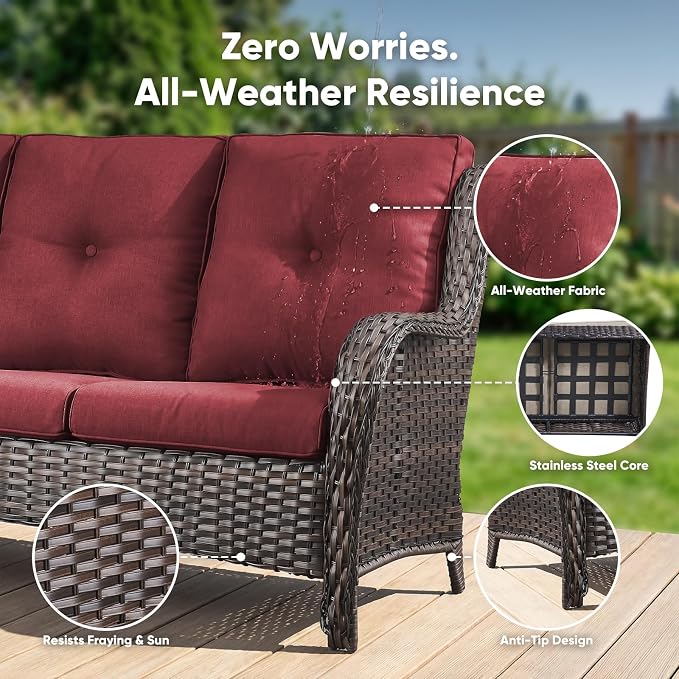 Belord Patio Sofa Luxury PE Wicker 3-Seater Outdoor Couch, Modern All-Weather High Back Deep Seat Woven Furniture Set for Porch, Deck, Balcony, Backyard - Brown/Red