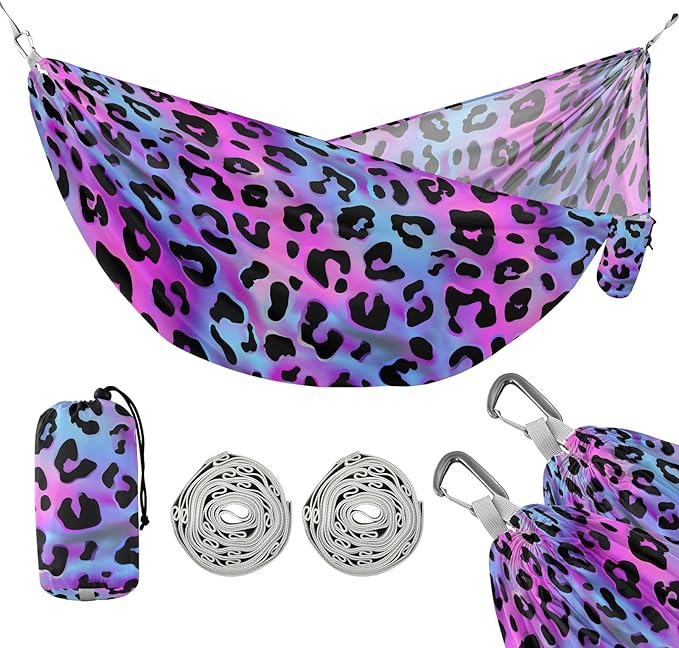 Camping Hammock Outdoor Hammocks for Outside Purple Laser Leopard Cheetah Beach Trees Portable Lightweight with Pockets Tree Straps Indoor