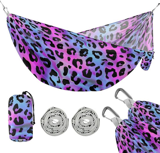 Camping Hammock Outdoor Hammocks for Outside Purple Laser Leopard Cheetah Beach Trees Portable Lightweight with Pockets Tree Straps Indoor