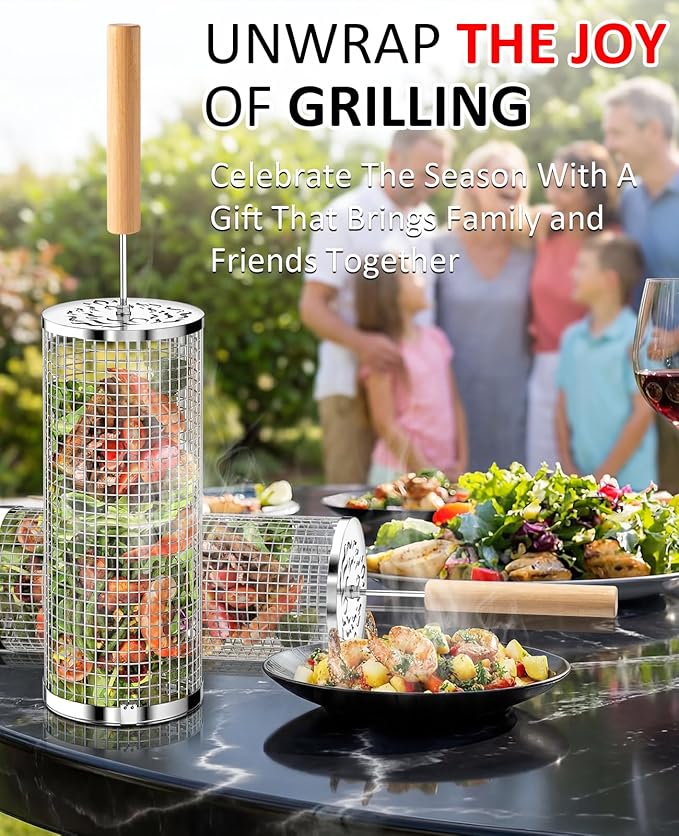 Rolling Grill Basket, Fathers Day Gifts for Dad Husband, Removable Wooden Handle, 304 Stainless Steel, Nesting BBQ Tools for Vegetable, Outdoor Smoker Camping Accessories, Grill Gift for Men Birthday