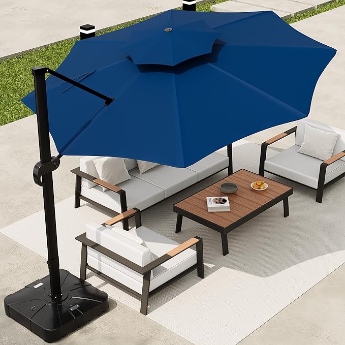 10x10 FT Round Outdoor Umbrella with Base, Cantilever Patio Umbrella with 360° Rotation & Adjustable Height, Heavy Duty Aluminum Umbrella Outdoor Patio for Garden Poolside,Navy Blue