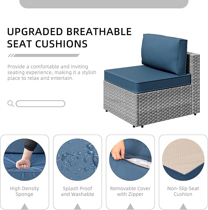 JAMFLY 8 Piece Outdoor Patio Furniture Set with Propane Fire Pit Table, All-Weather PE Wicker Rattan Sectional Sofa Set with Thick Cushions for Backyard, Garden, Poolside(Aegean Blue, Silver)