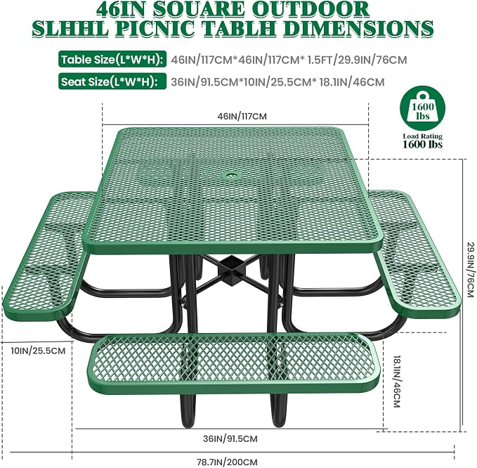 46IN Square Metal Picnic Table Set with Umbrella Hole and 4Benches for Outdoor, Expanded Heavy Duty Metal Commercial Grade Patio Dining Furniture for Yard Patio Lawn Party Coffee, Green