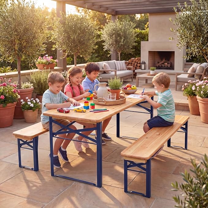 HONEY JOY Kids Picnic Table, 43.5 Inch Folding Toddler Outdoor Table & 2 Benches, Fir Wood Top & Metal Frame, No Assembly, Portable Easy to Store Camping Table and Chairs for Patio Backyard (Blue)