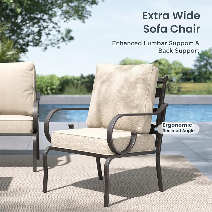 PHI VILLA Patio Furniture Set, 3-Seater Sofa, 2 Fixed Chairs and a Coffee Table, Outdoor Metal Conversation Set with 5.75" Extra Thick Cushion for Garden Backyard Deck, Beige