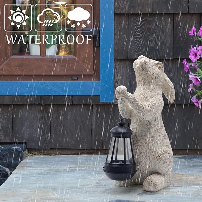 Garden Statues Rabbit with Solar Lights- Bunny Figurine Outdoor Rabbit Fall Decor for Home Lawn,Balcony-Yard Art Garden&Patio Whimsical Decor,Unique Housewarming&Birthday Gifts for Women Mom