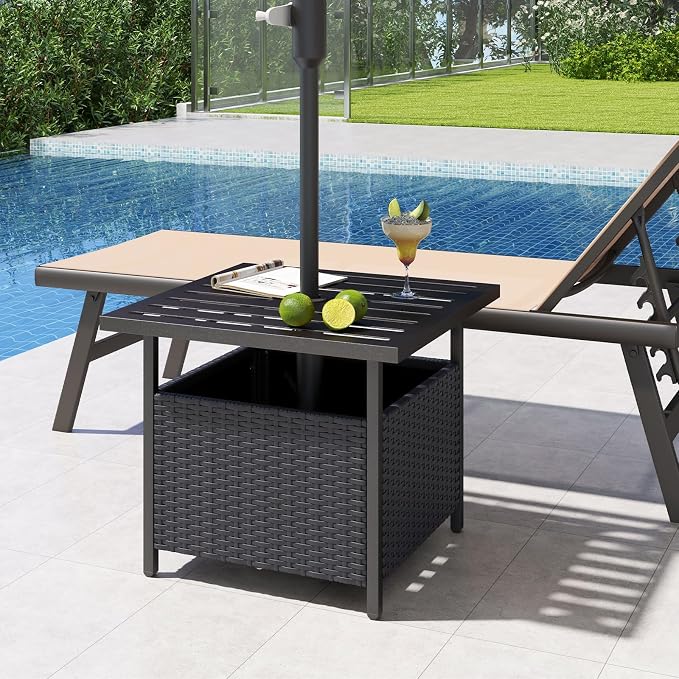 HAPPYGRILL Wicker Patio Umbrella Table with 1.57” Umbrella Hole, Outdoor Rattan Side Table with Heavy Duty Metal Frame, 22” Square PE Rattan End Table for Deck Backyard Poolside (Black)