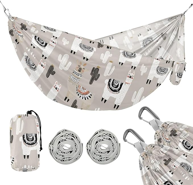 Camping Hammock Outdoor Hammocks for Outside White Llama Beach Trees Portable Lightweight with Pockets Tree Straps Indoor