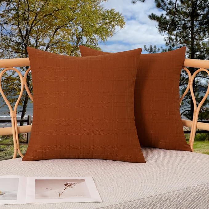 Kevin Textile Outdoor Waterproof 16”x16” Pillow Covers 2 Pack, Burnt Orange | Water Resistant, Soft Faux Linen-cotton Yarn-dyed Woven Texture Throw Pillow Covers for Tent Patio Garden Couch Sofa
