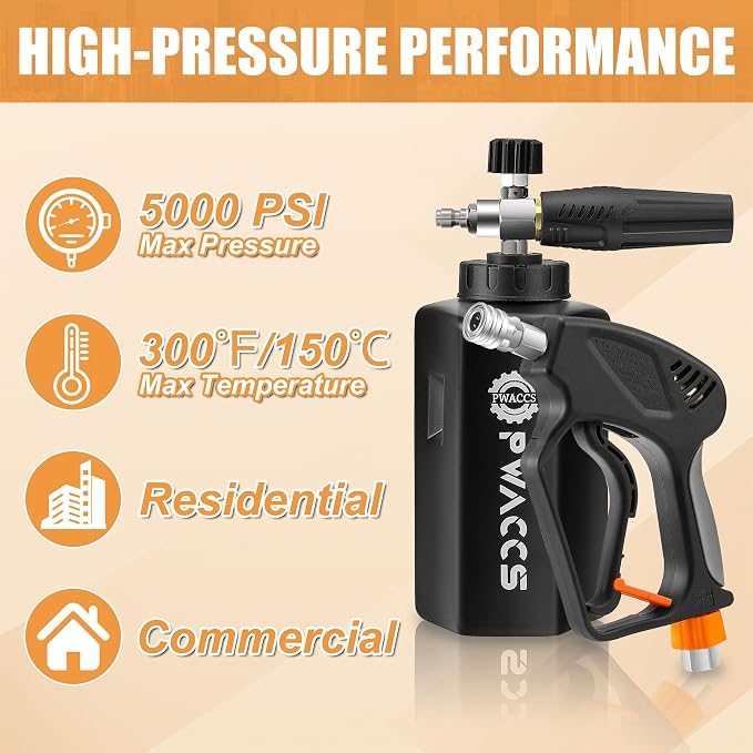 PWACCS Pressure Washer Gun with Foam Cannon, 1.5 Liter, 5000 PSI | Short Gun with Swivel, 1/4" Quick Connector, 5 Power Washer Nozzle Tips, Car Wash Foam Gun Kit