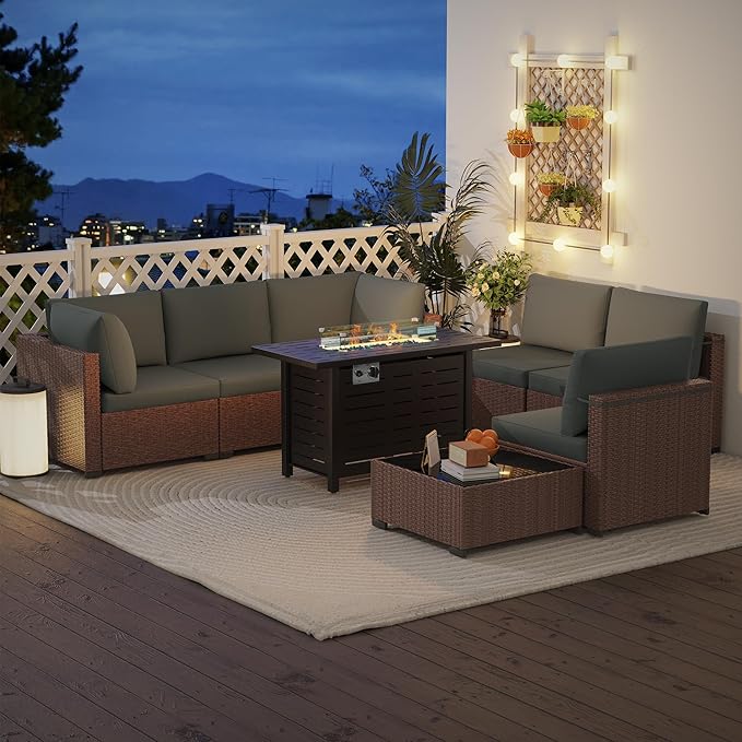 KIGOTY Patio Furniture Set with Fire Pit Table, 8 Pieces Outdoor Furniture Set with 43in Gas Fire Pit and Coffee Table, PE Rattan Patio Conversation Sofa Sets, Patio Sectional Sofa（Brown/Dark Grey）