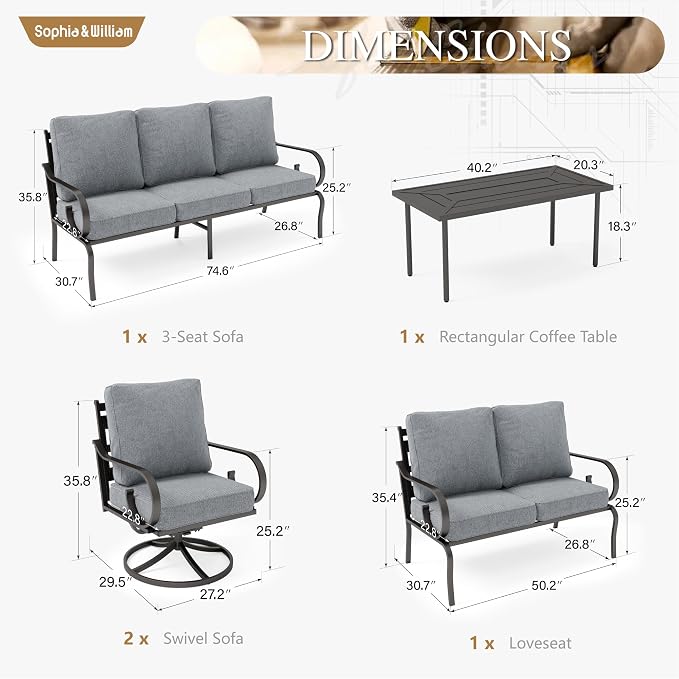 Sophia & William Patio Conversation Set for 7, 1 Loveseat, 3-Seater Sofa, 2 Swivel Chairs and a Coffee Table, Metal Outdoor Furniture with 5.75" Extra Thick Cushions, Grey