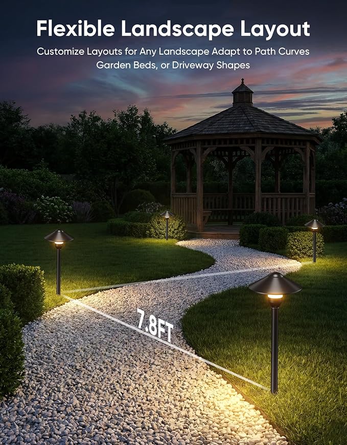 Low Voltage Landscape Lighting 12-Pack, Aluminum 12V Pathway Lights with G4 Bulbs, Waterproof Stylish Matte Black Color Round Shade Path Lights with Connectors for Walkway Yard Garden