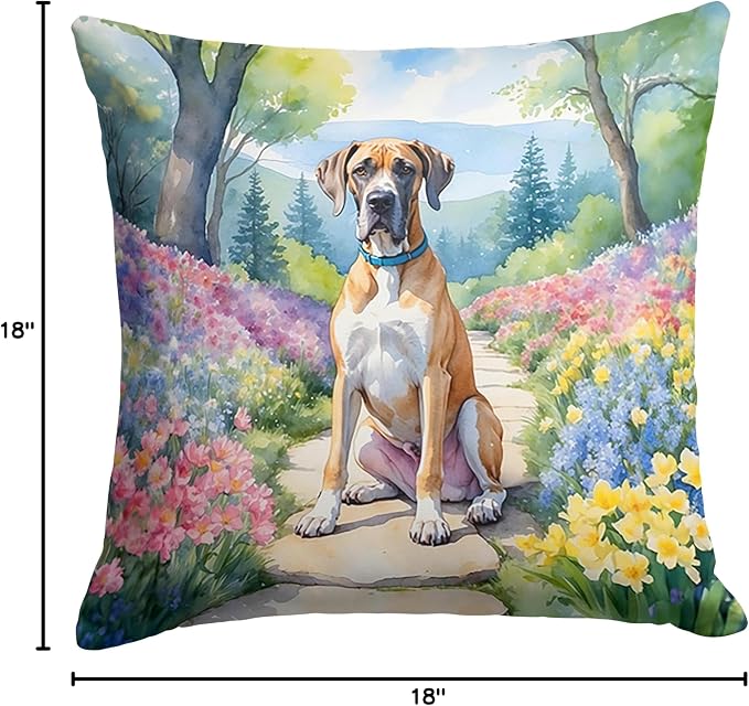 Caroline's Treasures Great Dane Spring Path Throw Pillow Machine Washable, Indoor Outdoor Decorative Pillow for Couch, Bed or Patio, 18Hx18W