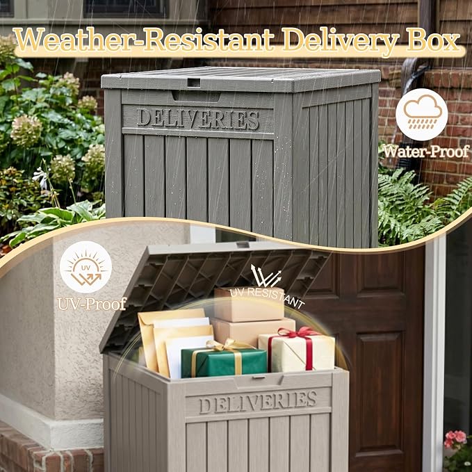 Outdoor Storage Box, 70 Gallon Package Delivery Boxes for Outside, with Lockable Secure, Deck Box Outdoor Waterproof for Entryway, Front Porch, Backyard, Garden, Patio, Lawn, Grey