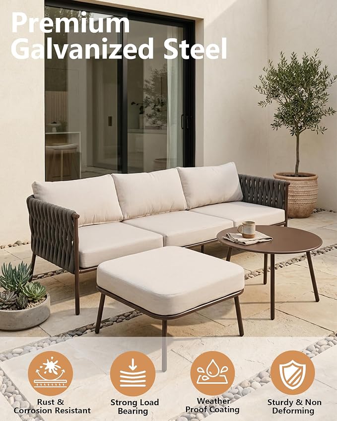 3 Piece Patio Furniture Set, Woven Rope Outdoor Sectional Sofa with Ottoman & Round Table, Deep Seating Patio Conversation Sets with Oversized 3-Seater Couch & Beige Washable Cushions