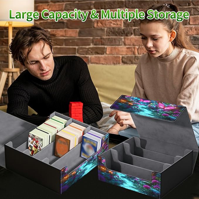 Large Card Deck Box for MTG, Fits 1200+ Sleeved Cards, PU Leather Storage Case with Strong Magnetic Closure, Multiple Colors for TCG CCG Baseball Card Collections, Pink Butterfly Forest