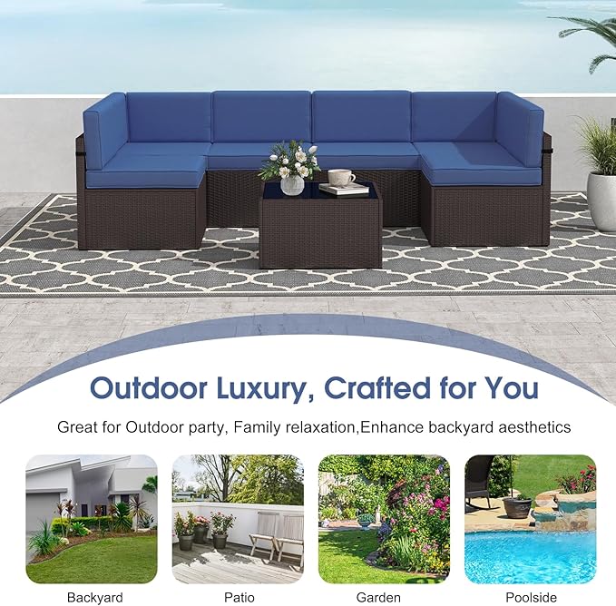 kinbor 7 Piece Outdoor Furniture Set - Waterproof Brown PE Wicker Patio Sofa with Cushions for Backyard, Poolside & Porch, Navy Blue