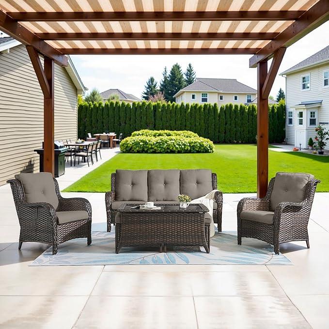 Belord Patio Wicker Sofa Set 6 Pieces Patio Furniture Set Outdoor Couch, 2 Patio Wicker Chairs with 1 Sofa, Coffee Table and Ottomans, Patio Conversation Set for Porch Garden Deck Balcony Poolside