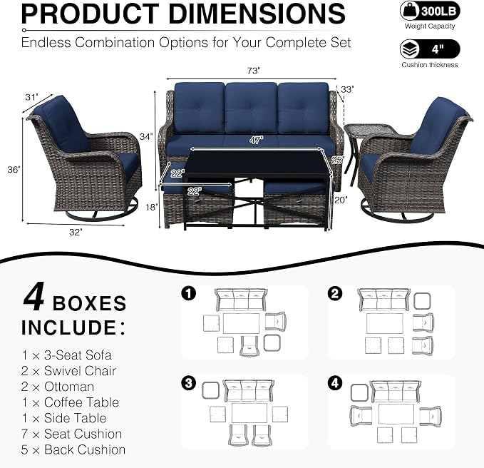 Joyside 7 Piece Wicker Patio Furniture Set, Outdoor Swivel Rocker Patio Chairs with High Back, Deep Seating, Wide Armrest, Thickened Cushions, Outdoor Furniture for Deck, Porch Use