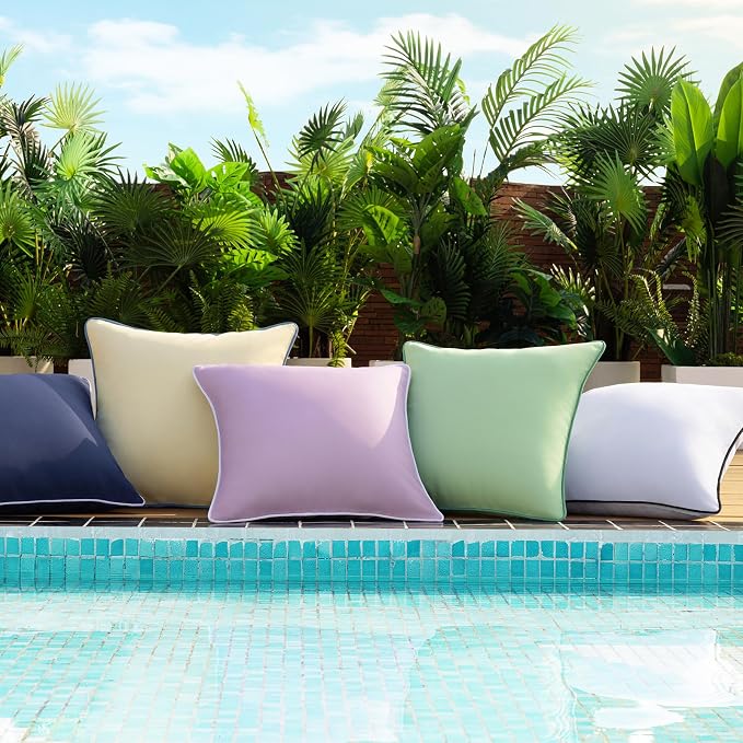 Phantoscope Pack of 2 Outdoor Waterproof Throw Pillow Covers with Contrast Piping, Decorative Square Cushion Case Patio Pillows for Couch Tent , Pure White 20x20 inches