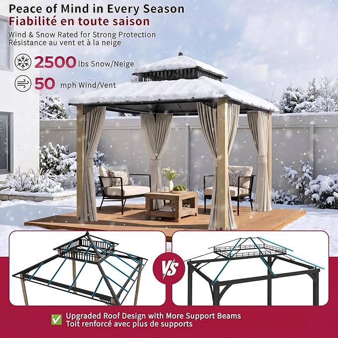 SUNJOY Kingston 10' x 10' Hardtop Wood Gazebo with Galvanized Steel Double Roof, Curtain and Netting, Cedar Posts Permanent Pavilion Gazebo for Garden, Patio, Deck, Lawn
