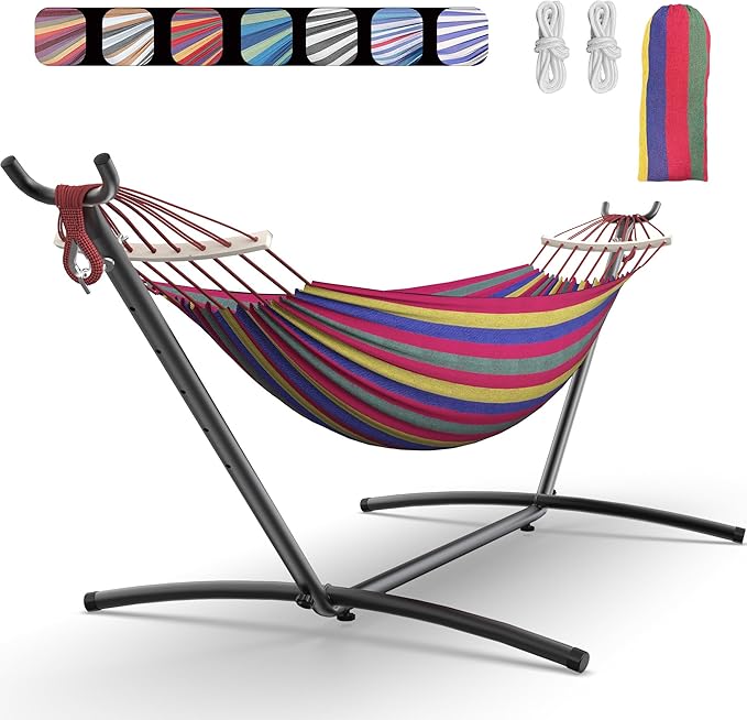 Double Hammock with Heavy-Duty Steel Stand,Portable,Easy Assembly,600lbs Weight Capacity,Suit for Indoor,Yard,Camping,or Outdoor-Wide Red