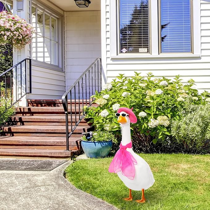Yaomiao 3 Pcs 50s French Porch Goose Outfit Set for 23'' 17'' Cement Lawn Goose Costume Beret Hat for Carnival Statue Decor(Hot Pink)