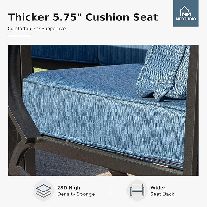 MFSTUDIO 5 Pieces Patio Conversation Sets, 7 Seats Metal Patio Furniture Sets with 1 x 3-Seat Sofa, 2 x Sofa Chairs, 2 x Ottoman, All Weather Patio Sets with 5.75inch Peacock Blue Cushion for Garden