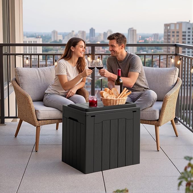 GUNJI 30 Gallon Small Deck Box Outdoor Waterproof Resin Storage Box Lockable Storage Container Outside Package Delivery Box 2 Packs (Black, 2 Packs)