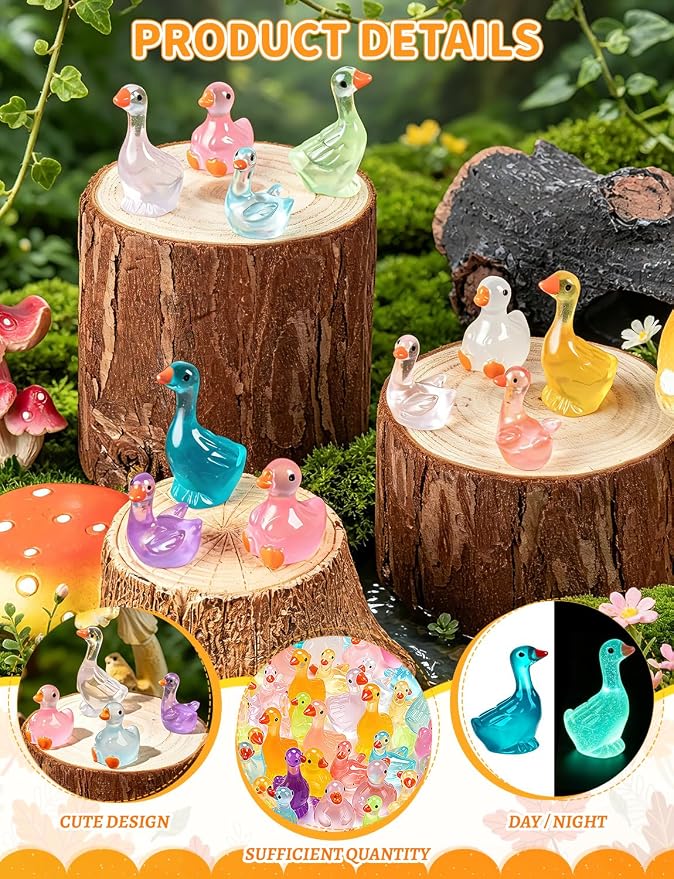 120Pcs Luminous Mini Resin Goose Figurines, 3 Styles | lGow in The Dark Tiny Goose Ornament for Garden, Landscape, Aquarium, Dollhouse, Birthday Party, Room Crafts Decor