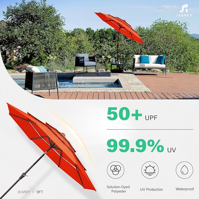 JEAREY 9FT 3 Tier Patio Umbrella Outdoor Market Umbrella Table Umbrellas with 8 Ribs 1.5 Pole Push Button Tilt and Crank UV Protection for Garden,Orange