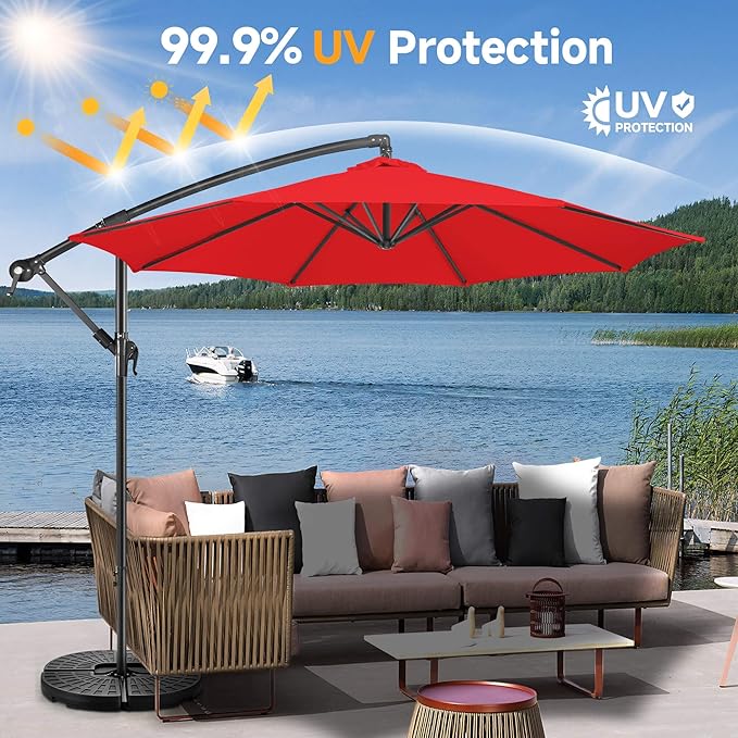 Offset Patio Umbrella Cantilever - 10 FT Cantilever Umbrella Outdoor with Crank and Cross Base, UV Protection Large Patio Umbrella for Garden, Deck, Backyard, Pool, Porch (Red)