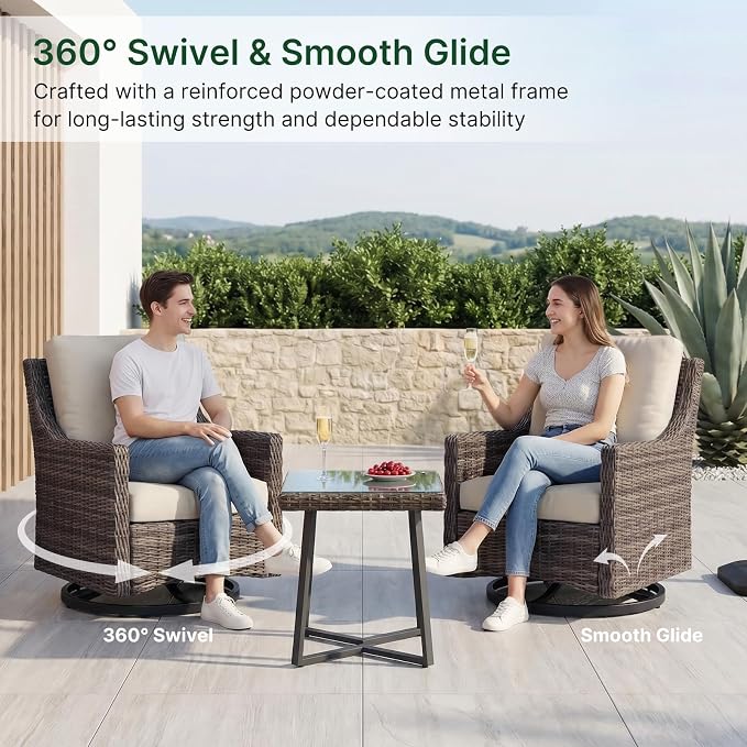 Outdoor Swivel Rocker Patio Chair with Premium Cushion, High Back Wicker Patio Swing Glider for Deck, Porch, Patio and Poolside (Beige, 3 Pcs - Swivel Glider & Side Table)
