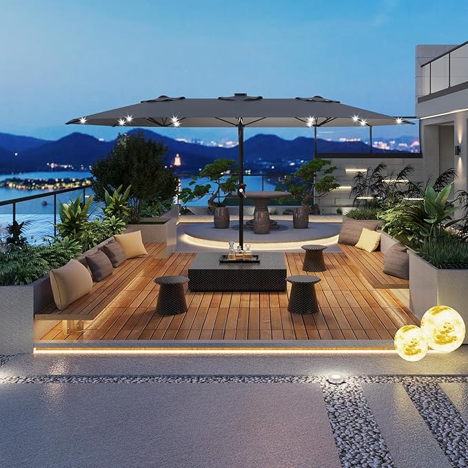 15FT Solar LED Lighted Patio Umbrella with 36 Lights, Outdoor Market Umbrella with Weighted Base Included, Crank Lift & Tilt, Large Shade for Backyard, Garden, Deck, Pool, Beach