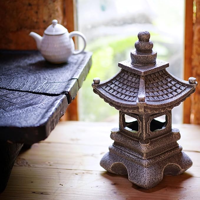 Solar Pagoda Lantern Garden Statue Japanese Zen Lantern Outdoor Decor with LED Light for Landscape Balcony Patio Porch Yard Art Ornament