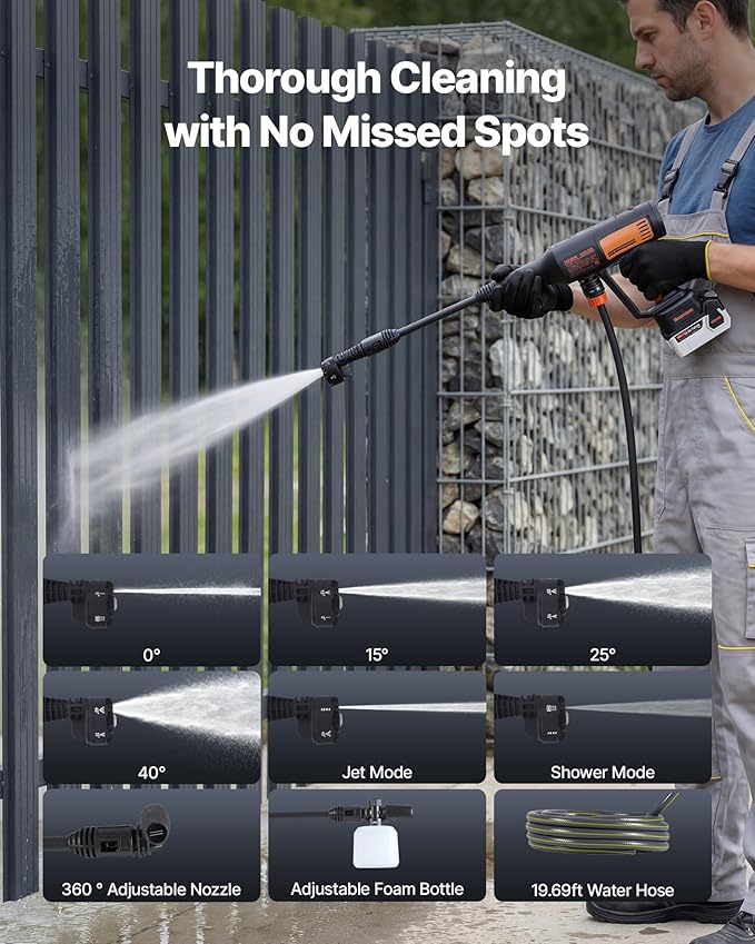 VEVOR Cordless Pressure Washer, 1200PSI MAX Portable Pressure Washer with Brushless Motor, 6-in-1 Nozzle & Water Hose, 4 Speed Adjustable, Battery Powered Handheld Power Cleaner for Home Garden Patio