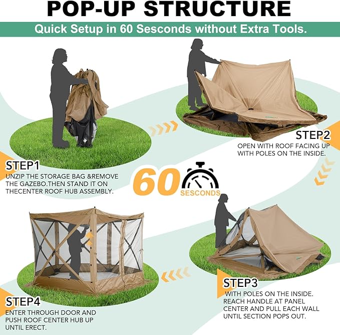 COBIZI 10x10 FT Pop up Gazebo, Popup Canopy Tent, Screened in Gazebos, Waterproof Portable Outdoor Small Screen Tents Sun Shelter,carpas para Patio for Camping, Garden and Backyard,Khaki