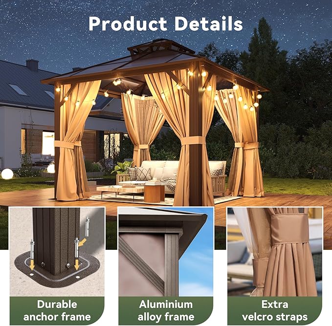 10’x10’ Hardtop Gazebo with Double Polycarbonate Roof Outdoor Metal Gazebo Sturdy Aluminum Frame & Removable Curtains, Netting Permanent Pavilion Pergola for Garden,Patio,Lawn (Brown)