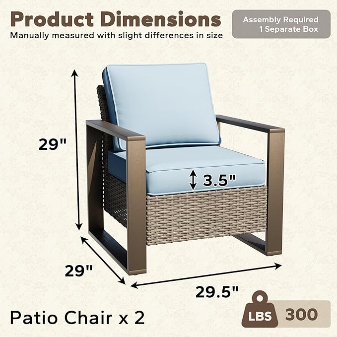 Patio Metal Wicker Chairs Set of 2, All Weather Outdoor Rattan Dining Chairs with Rectangular Framed Wood-Looking Armrest & Fade-Resistant Cushions for Deck Balcony Backyard, Baby Blue