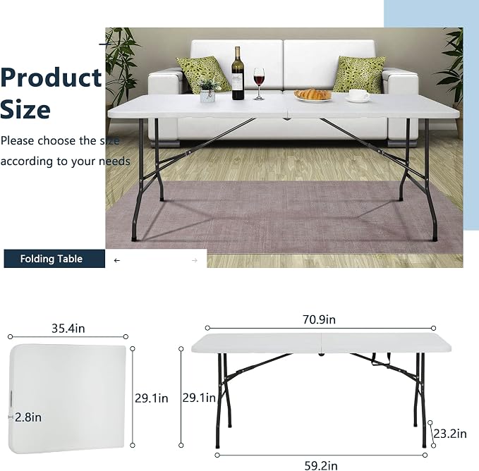 Folding Dining Table 6Ft, Portable Lightweight Party Table for Outdoor, Camping & Beach, 6 Foot Fold Up Mesa Para Fiestas