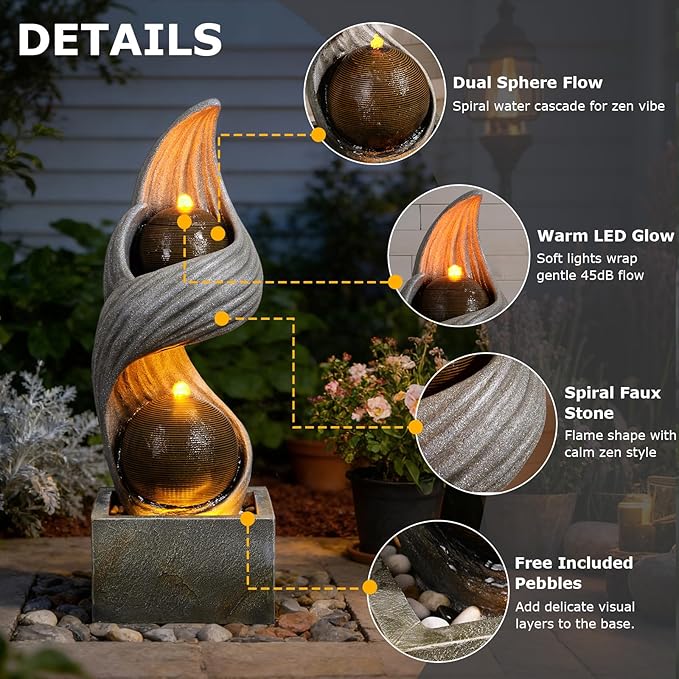 42.9"H Large Water Fountains Outdoor,Modern Spiral Water Fountain Outdoor with Dual Spheres Zen Water Feature Floor Fountain with Light LED Waterfall for Outside Deck, Patio, Porch, Garden, Yard Decor