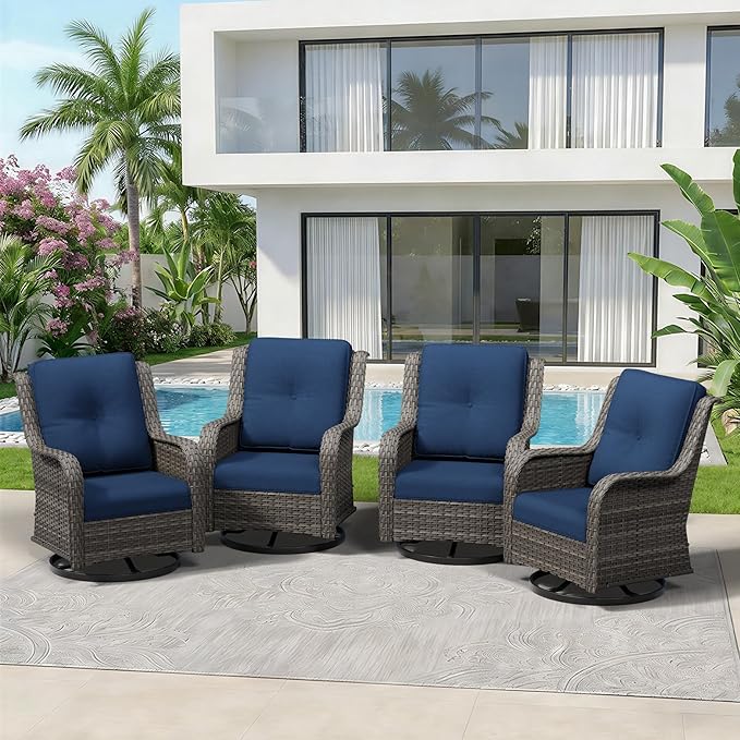 4 Piece Outdoor Swivel Rocker Patio Chairs Set, Patio Chairs Set of 4 with Thickened Olefin Cushions, High Back and Deep Seating, Hand-Woven PE Rattan for Porch, Deck, Blue
