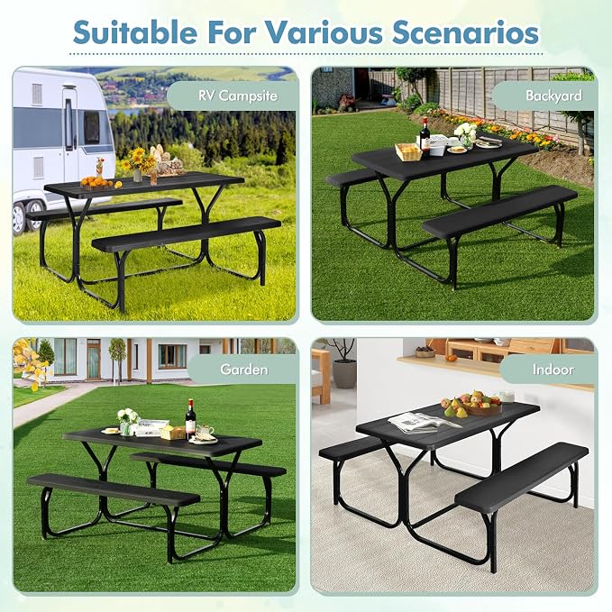 LDAILY Picnic Tables, Rectangular Picnic Table with Steel Frame, 2 Benches Set, HDPE Tabletop, Plastic Picnic Table for Outdoor, Camping, Patio, Lawn, Yard, Picnic Parties (Black)